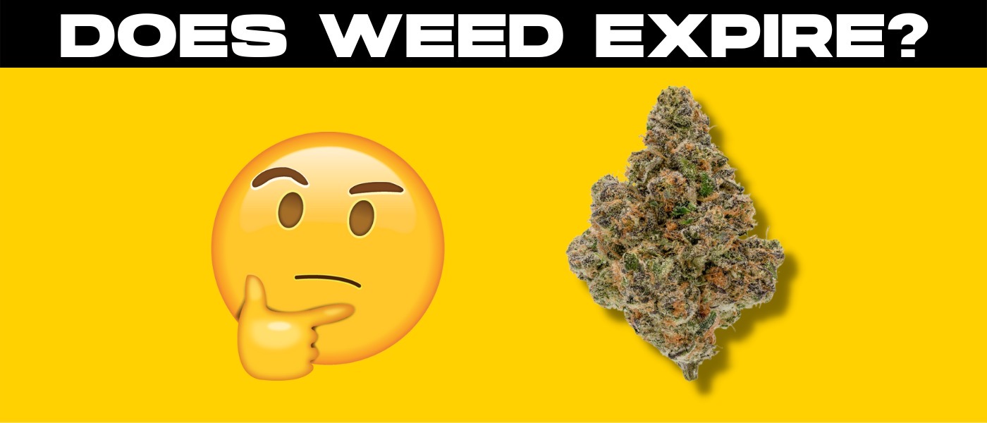 a yellow background with a smiley face next to a marijuana leaf.