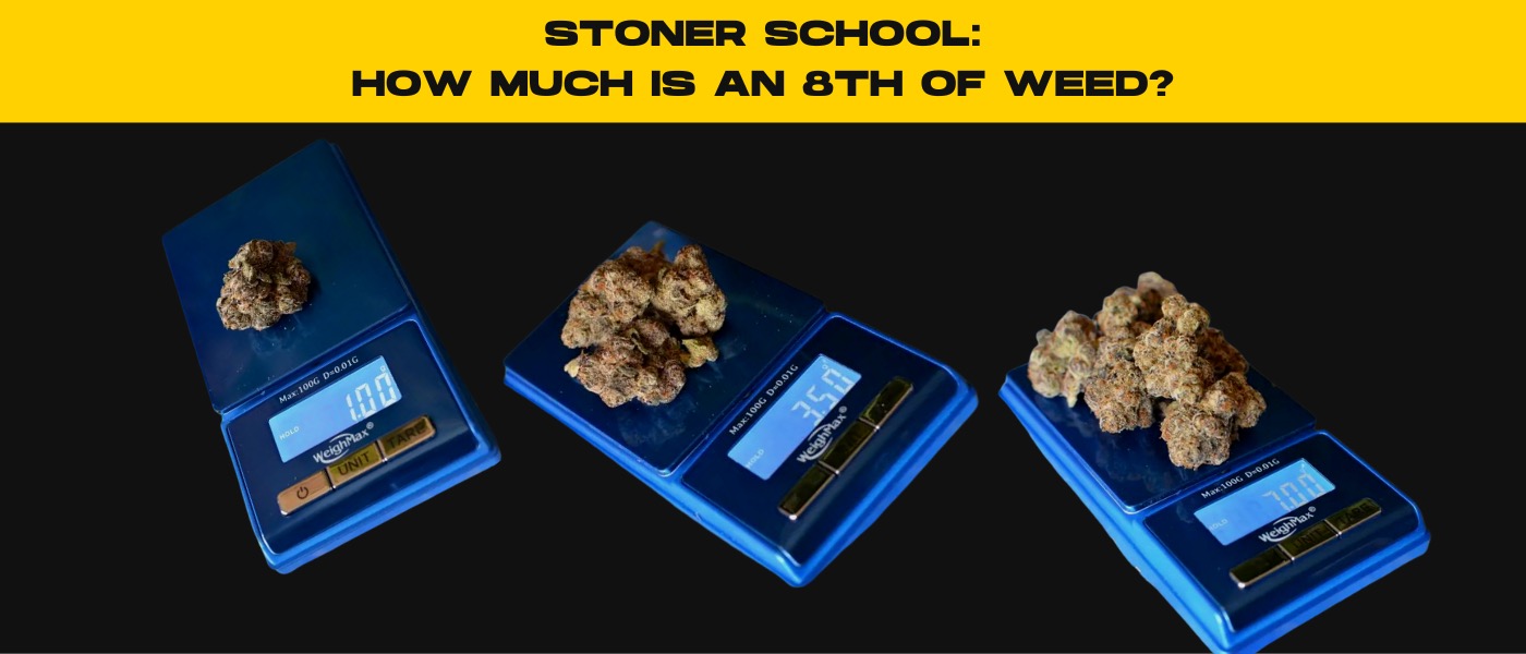 three blue trays of food on a black background.