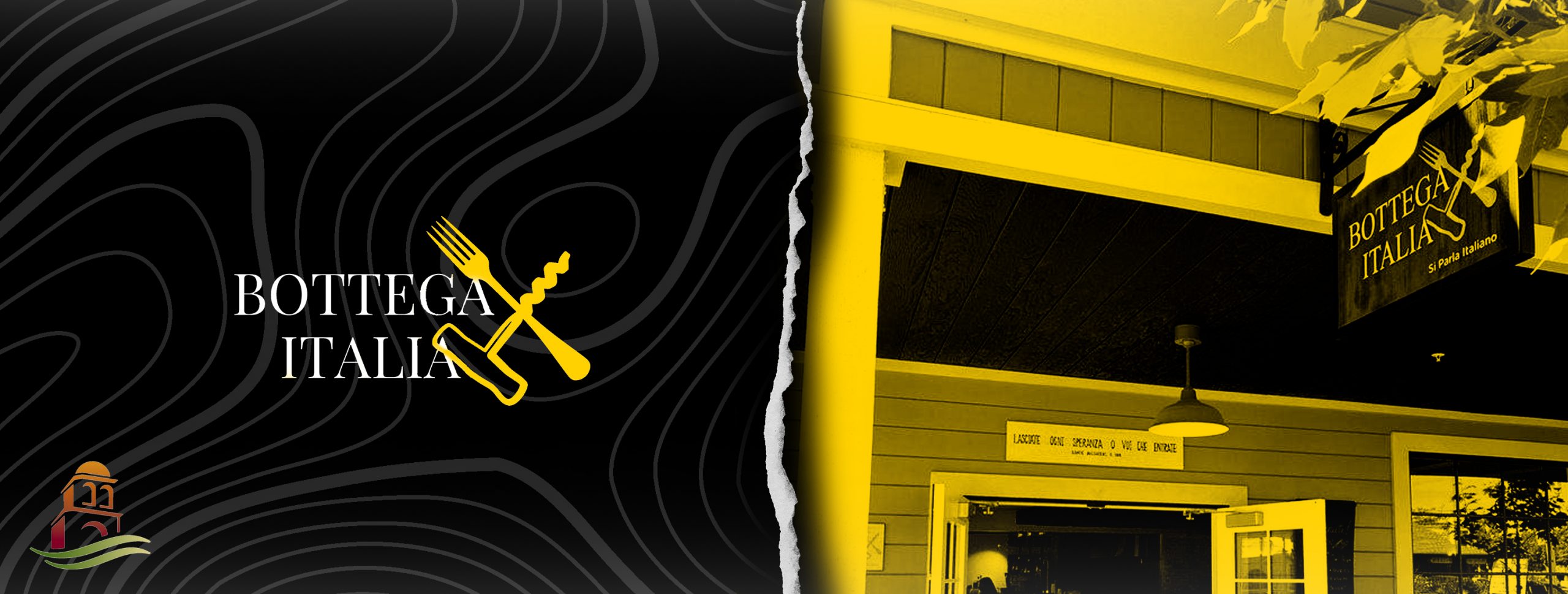 a yellow and black photo of a restaurant.