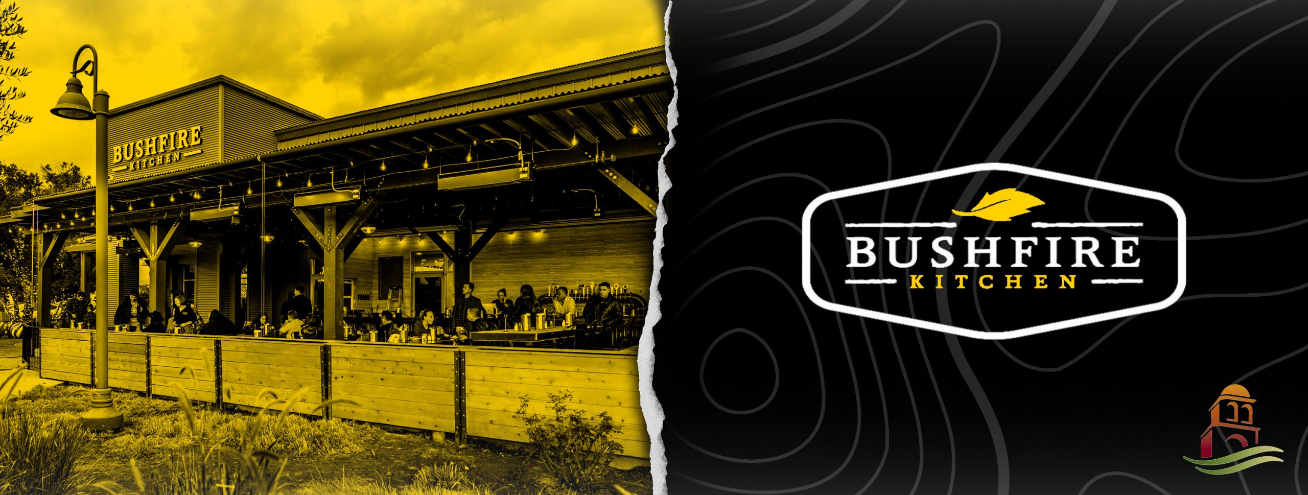 a black and yellow photo of a bushfire kitchen.