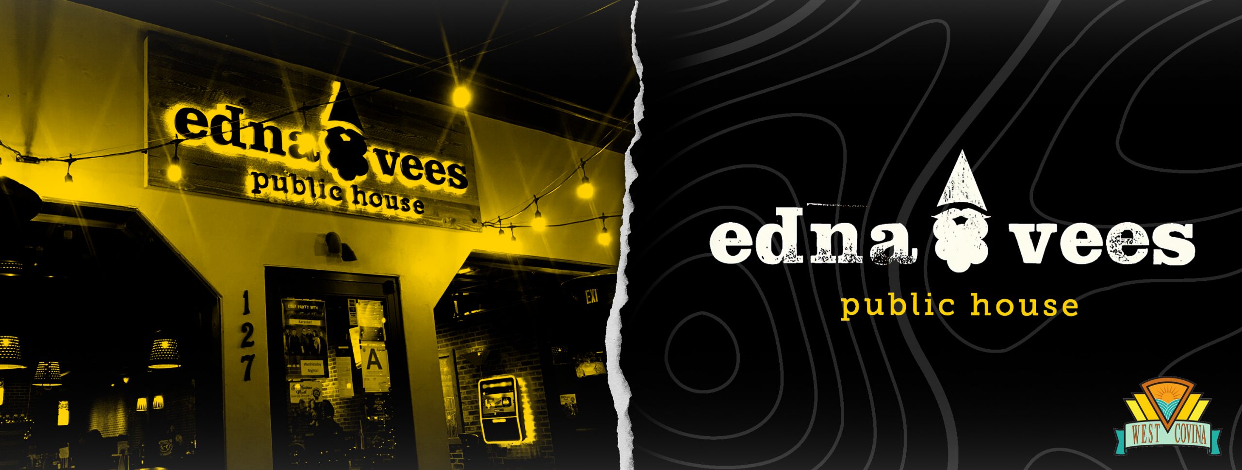 a black and yellow photo of a public house.