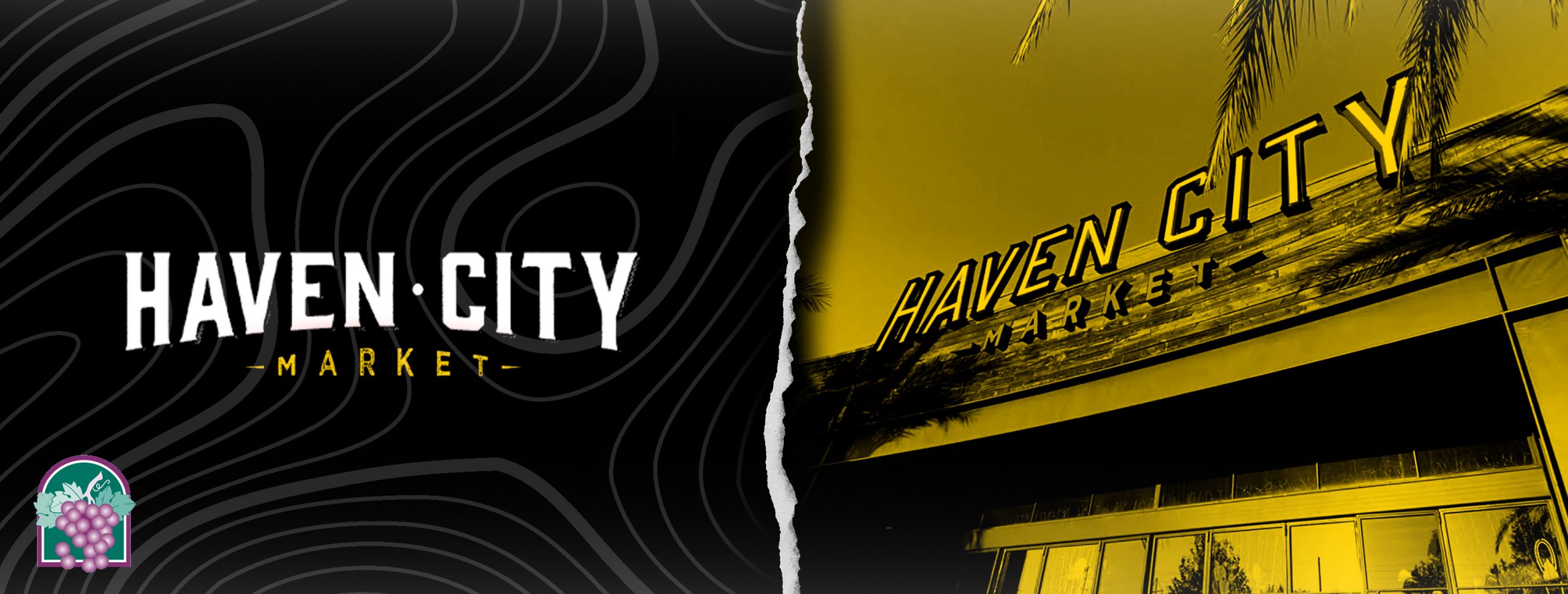 a black and yellow photo of haven city market.